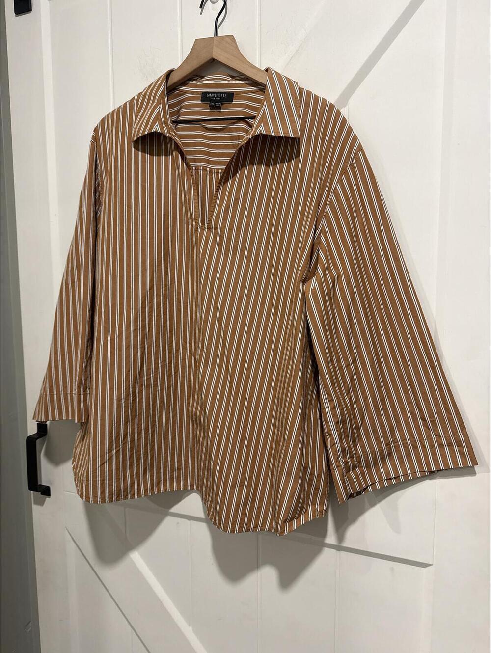 Lafayette 148 New York Brown, White & Black Striped Cotton Collared V-Neck Shirt - Picture 4 of 5